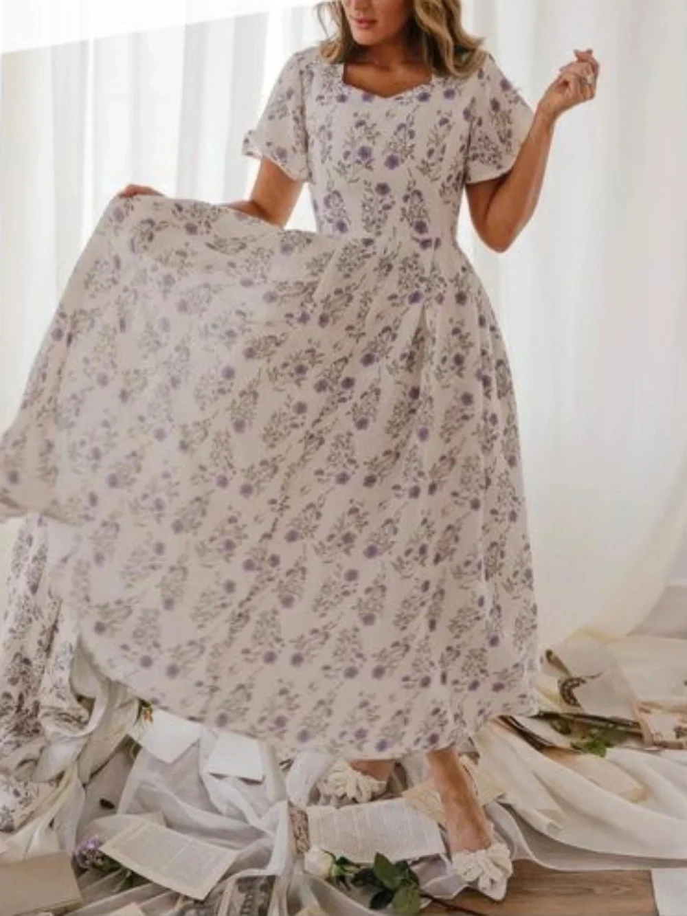 Floral Lavender Midi Dress - Women's White & Lavender Floral Dress